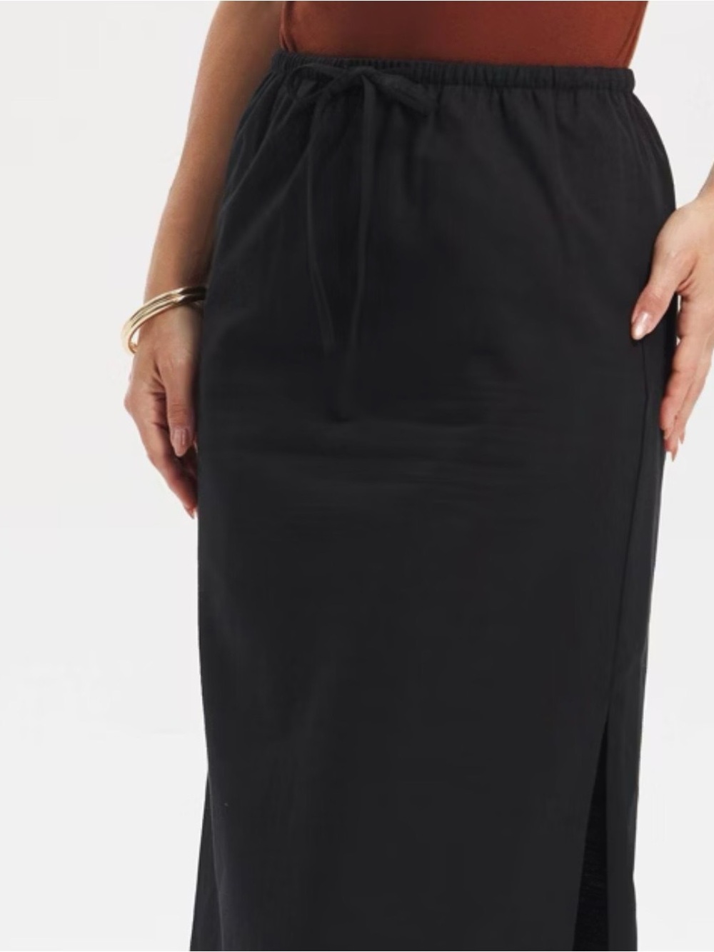 Elastic Waist Black Maxi Skirt with Back Slit